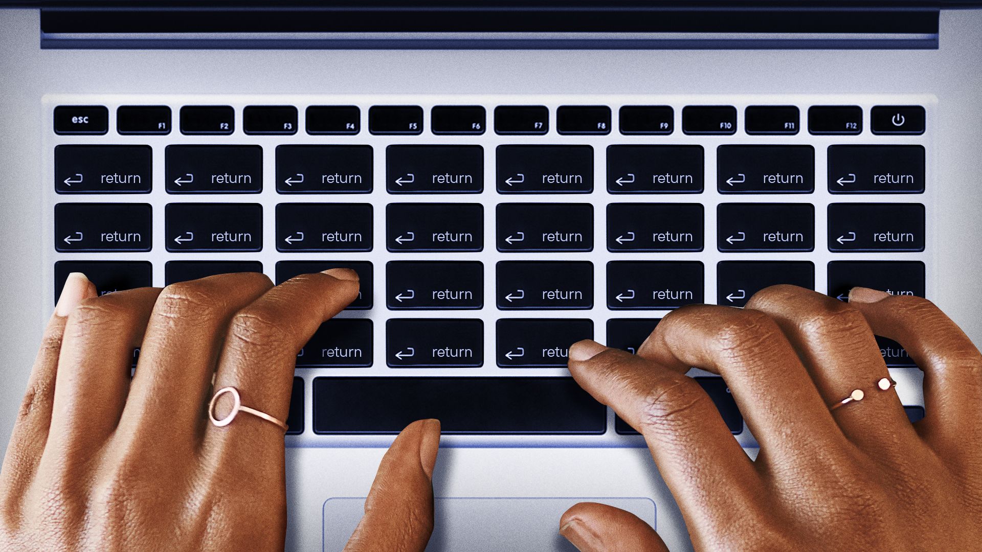 Illustration of a person's hands on a keyboard full of return keys.