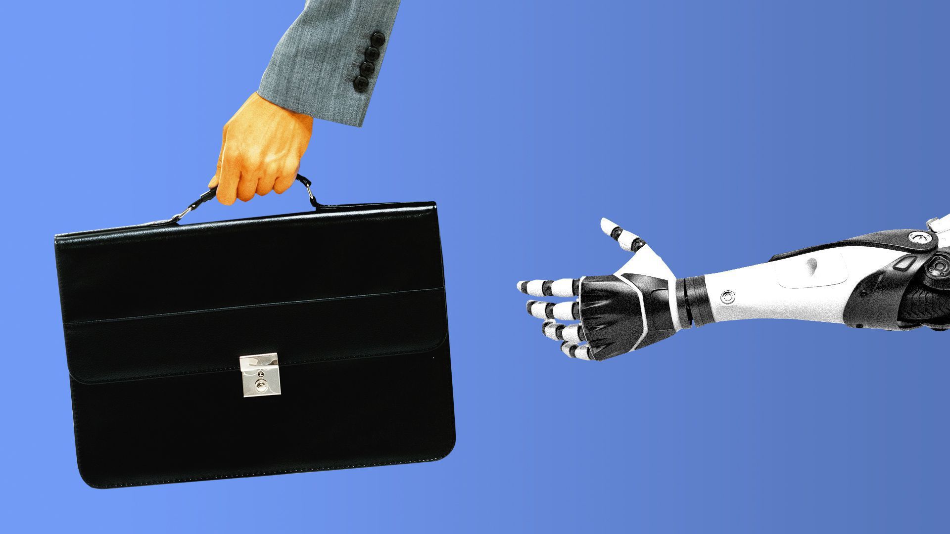 A robot arm reaches out to grab a suitcase from a businessperson