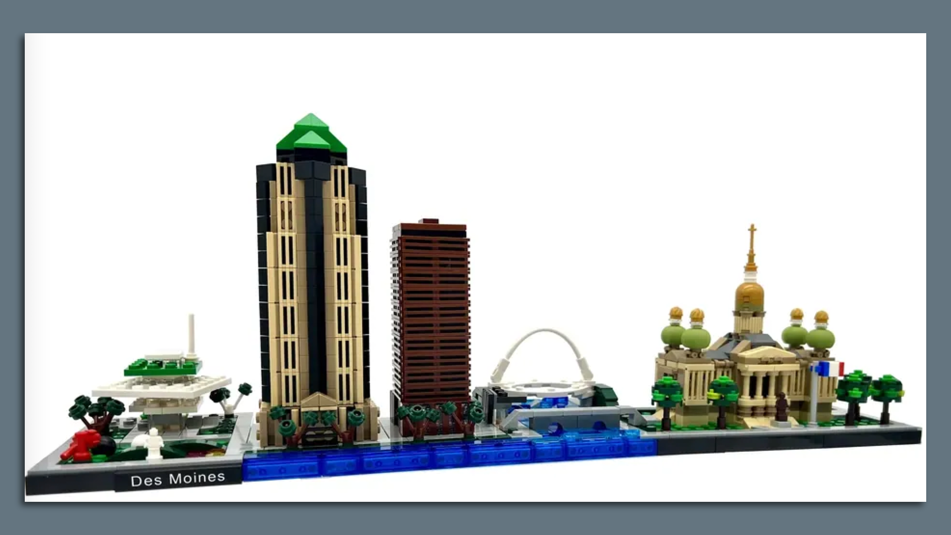 A photo of the skyline of Des Moines constructed of Legos.