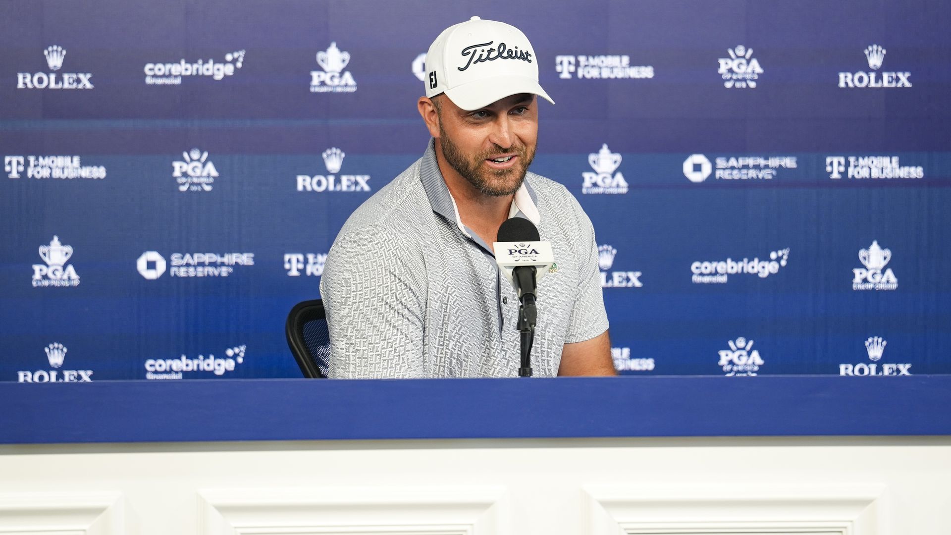 Braden Shattuck addressing reporters during Monday's media availability at during the PGA Championship Practice Round at Aronimink Golf Club.