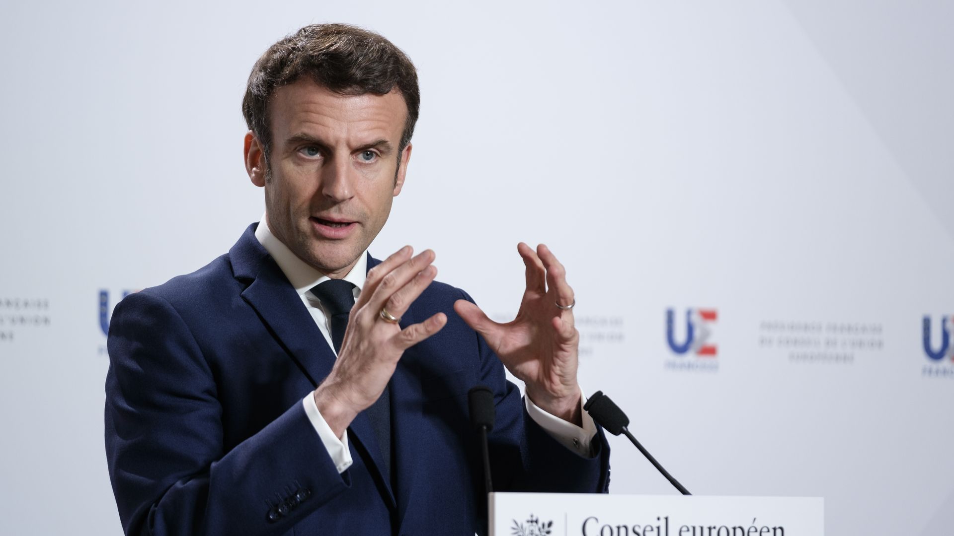 Emmanuel Macron is talking to the media at the end of an EU Summit on March 25, 2022 in Brussels, Belgium