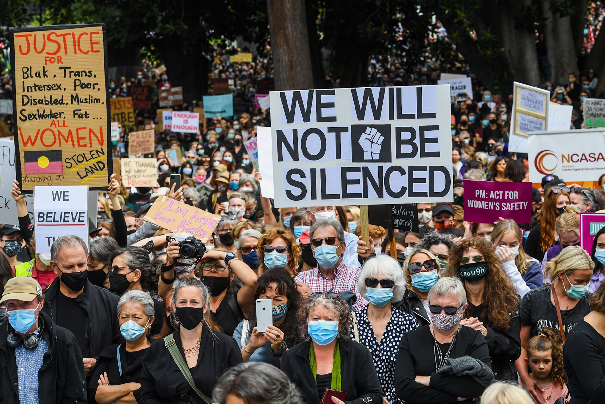  People attend a protest against sexual violence and gender inequality in Melbourne on March 15