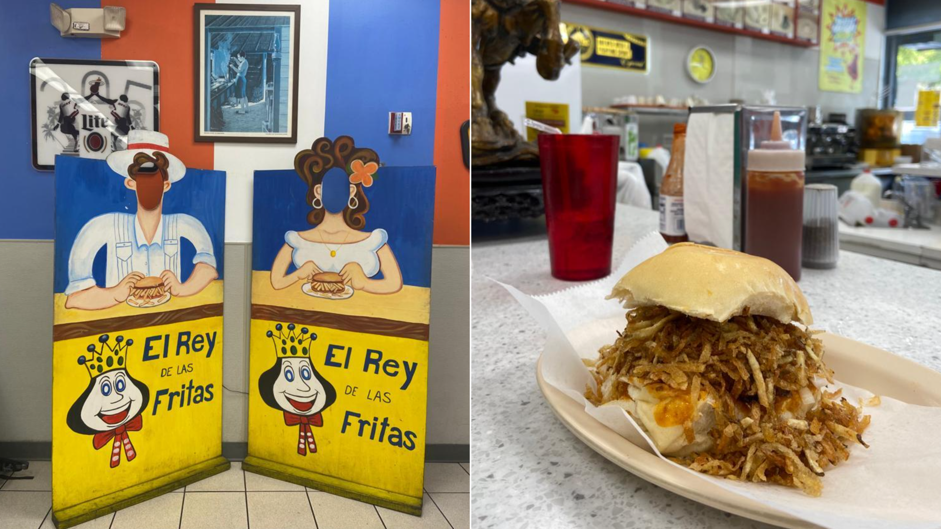 Two side-by-side photos of El Rey de las Fritas, one of cutouts inside the restaurant and another of the burger.