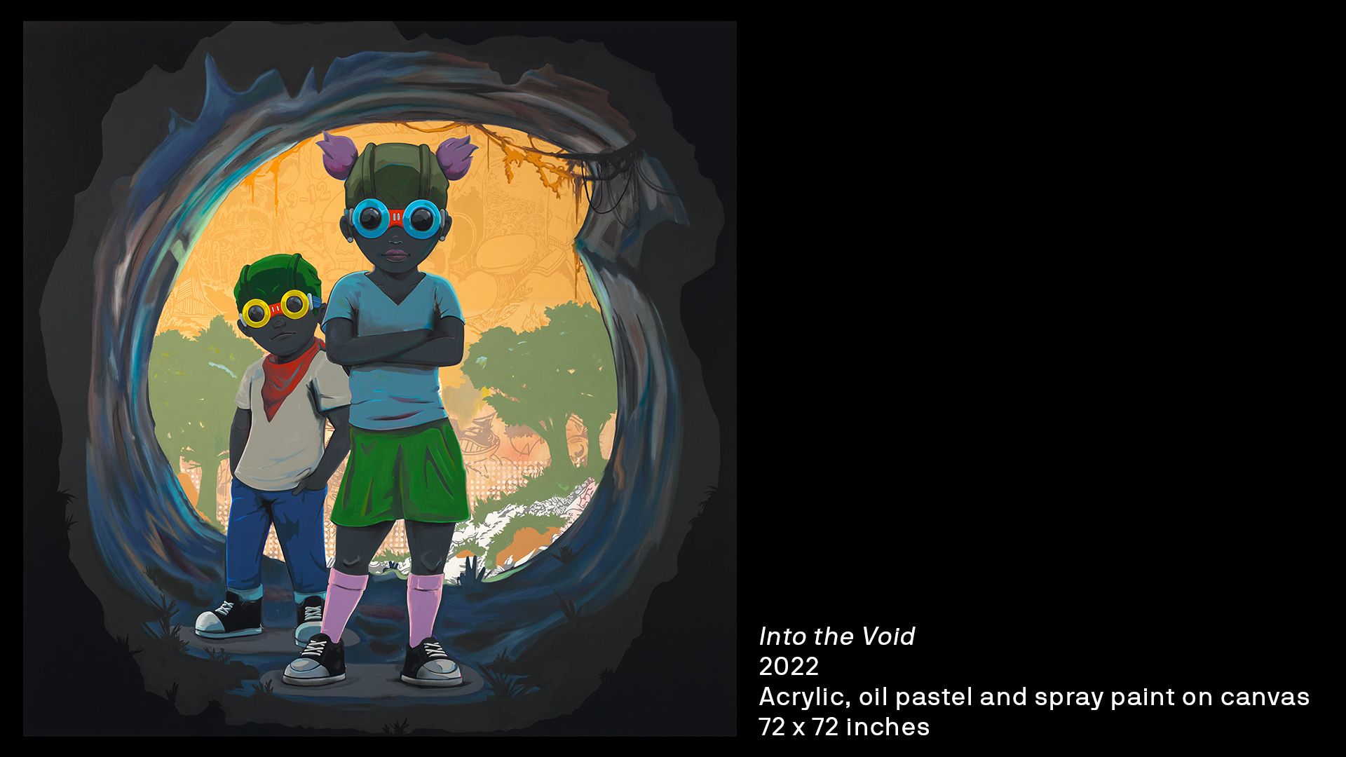 An acrylic, oil pastel and spray painted paiting by Hebru Brantley on canvas showing two characters about to enter a cave-like void. 