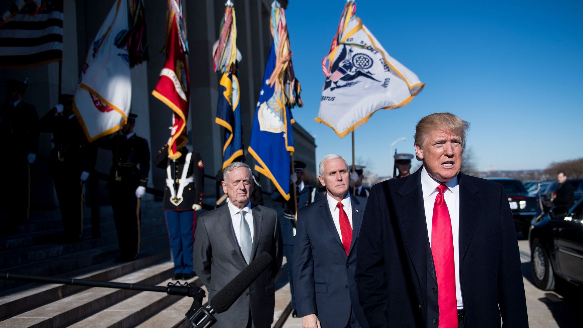 Trump, Pence and Mattis outside the Pentagon