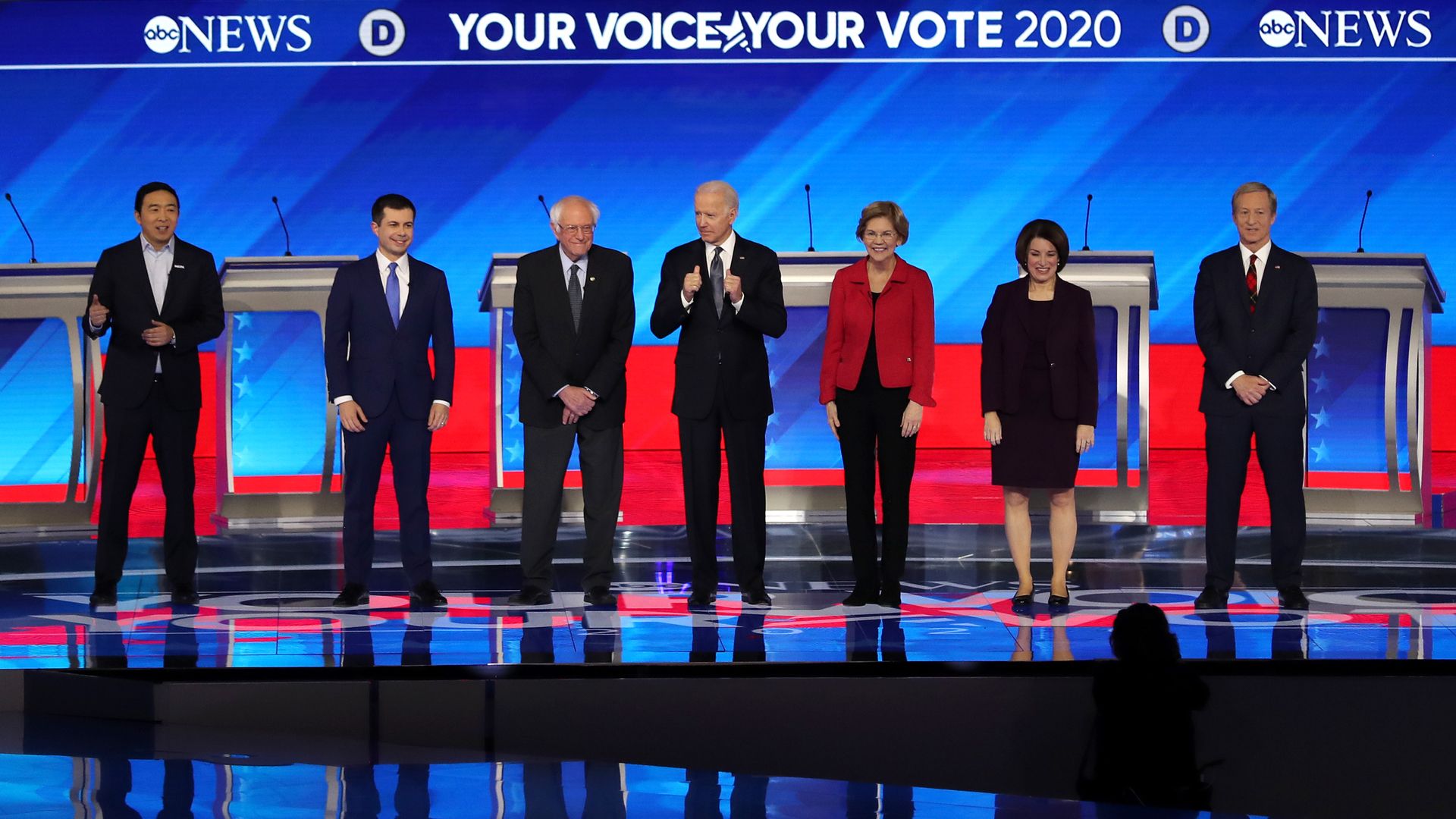 Seven Democratic presidential candidates line up on stage before the debate in New Hampshire.