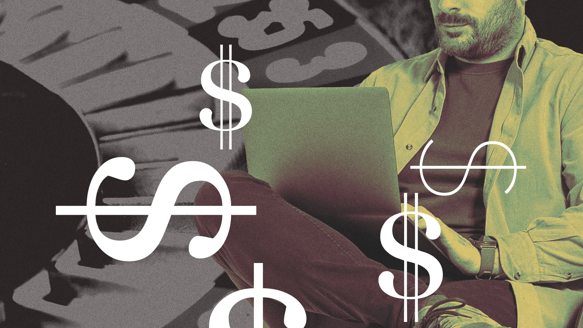 Illustration of a man on a laptop surrounded by money and dollar imagery. 