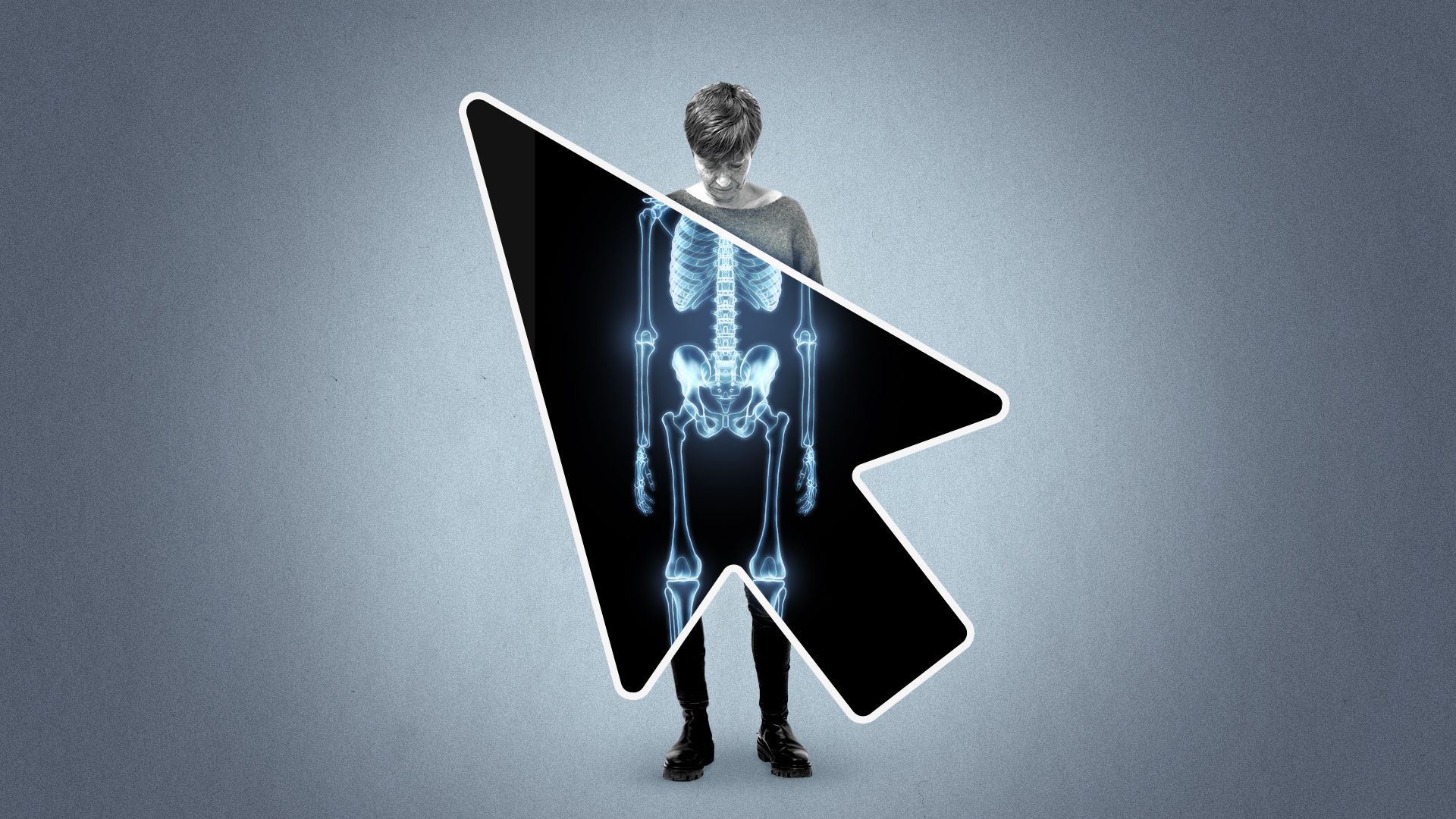 Illustration of a person standing behind a giant cursor which is acting like an x-ray, revealing the person's skeleton. 