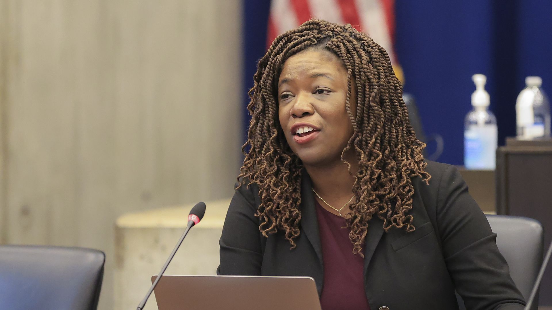 Boston City Councilor Ruthzee Louijeune holds a hearing on migrants in the chambers at City Hall.