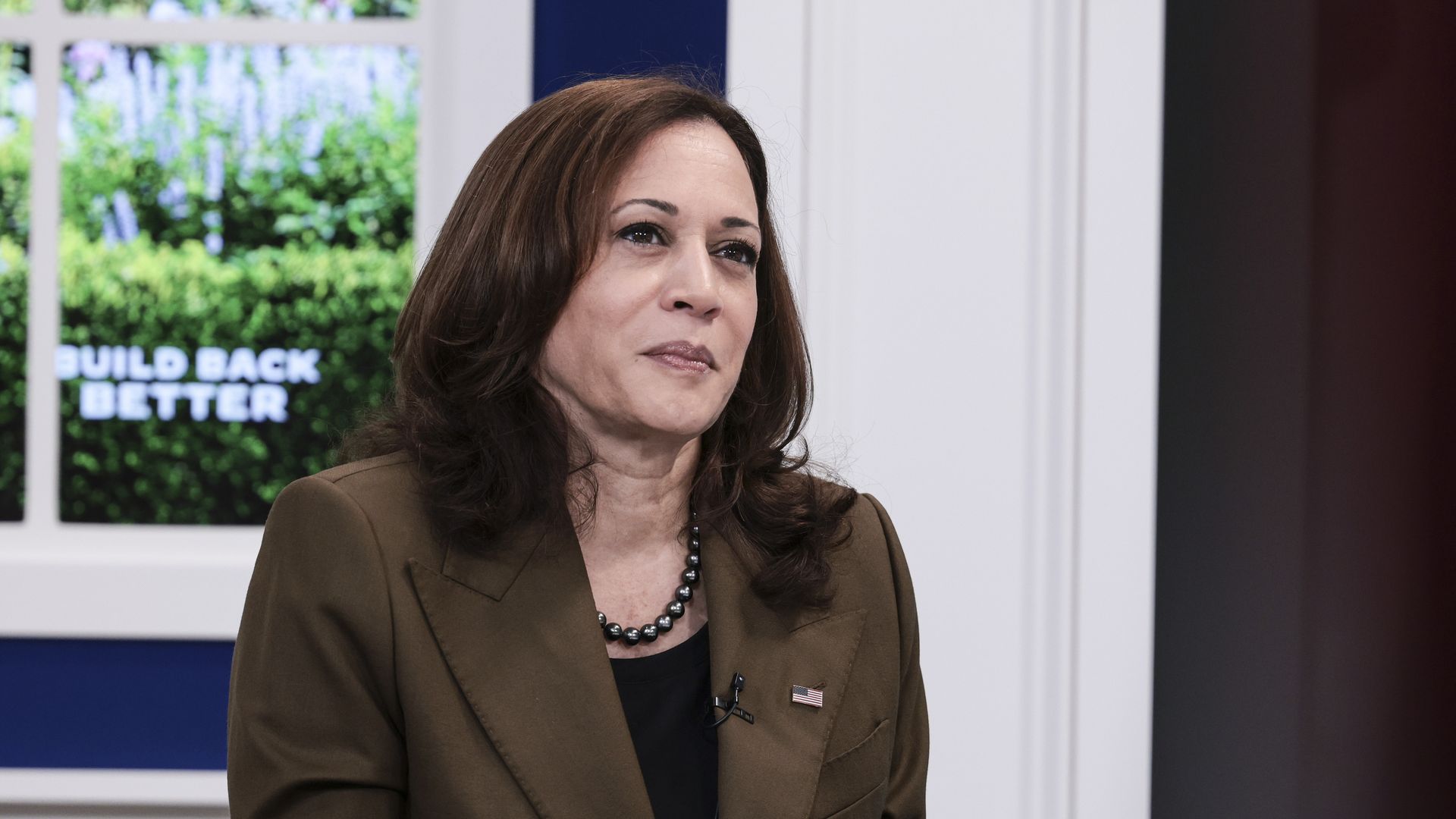 Kamala Harris in a brown suit, sitting down.