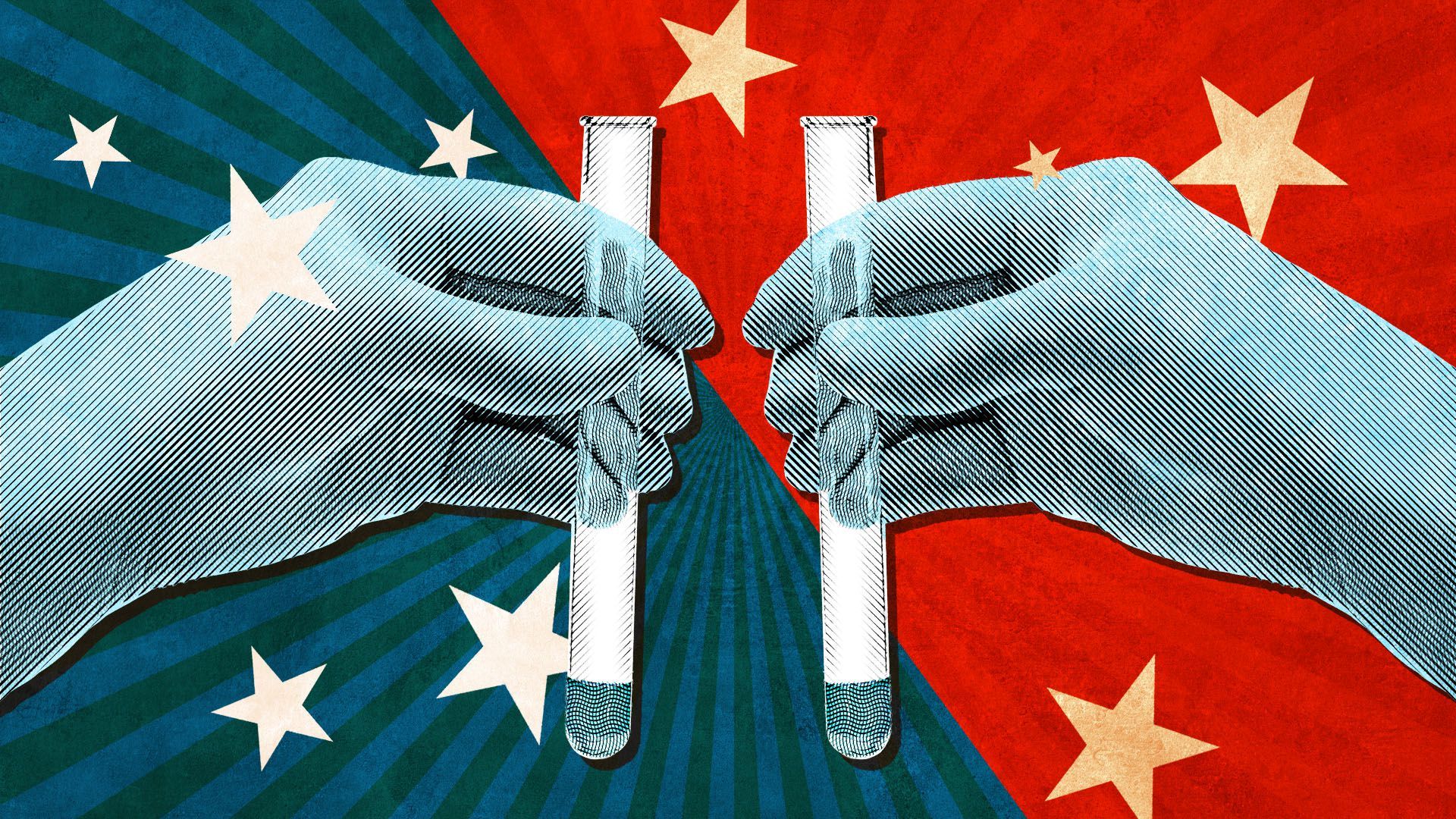 Illustration of tow hands holding test tubes facing each other over a background of stripes and stars