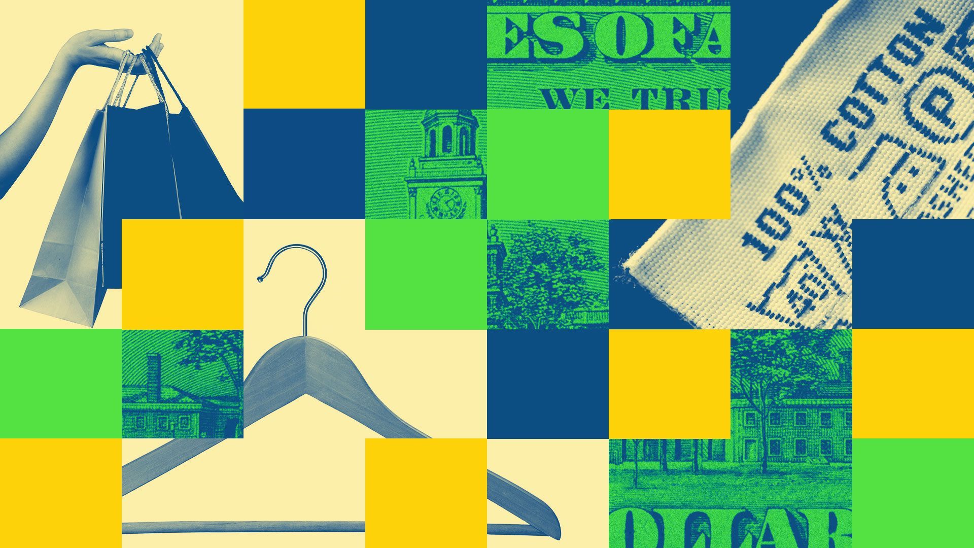 Illustration of a grid consisting of colorful rectangles, the back of a one hundred dollar bill, and photographs of a hanger, a laundry instruction tag, and a hand holding shopping bags.