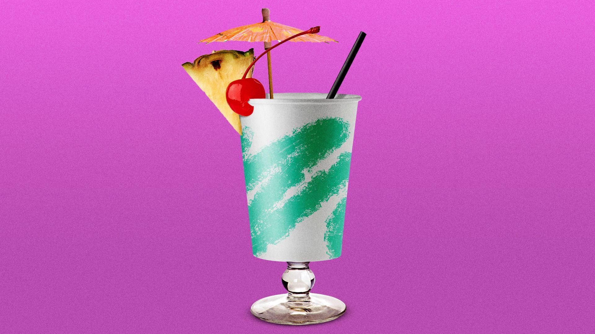 Illustration of a to-go cup with cocktail garnishes and a glass stem. 