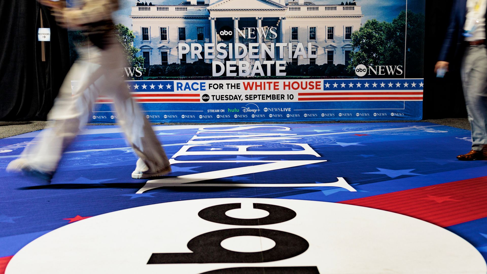 Signage in the spin room ahead of the second presidential debate at the Pennsylvania Convention Center in Philadelphia, Pennsylvania, US, on Monday, Sept. 9