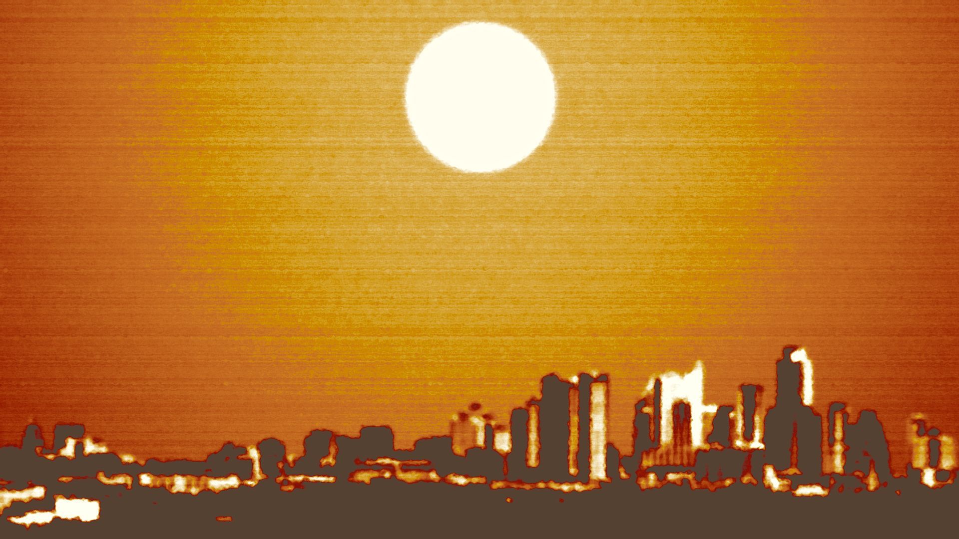 Illustration of the Austin skyline under a hot sun.