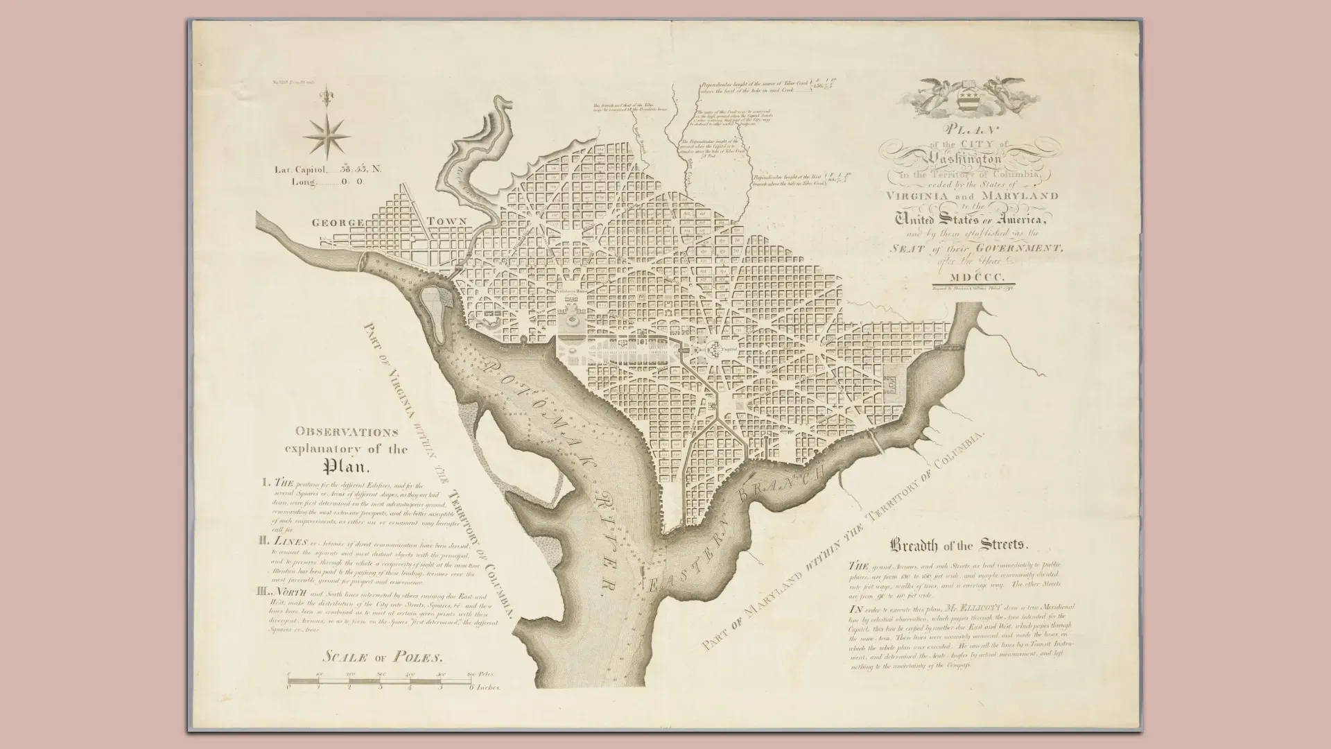 Historic map titled "Plan of the City of Washington" showing a dense grid of streets along the Potomac River, with an ornate title panel and decorative compass rose.