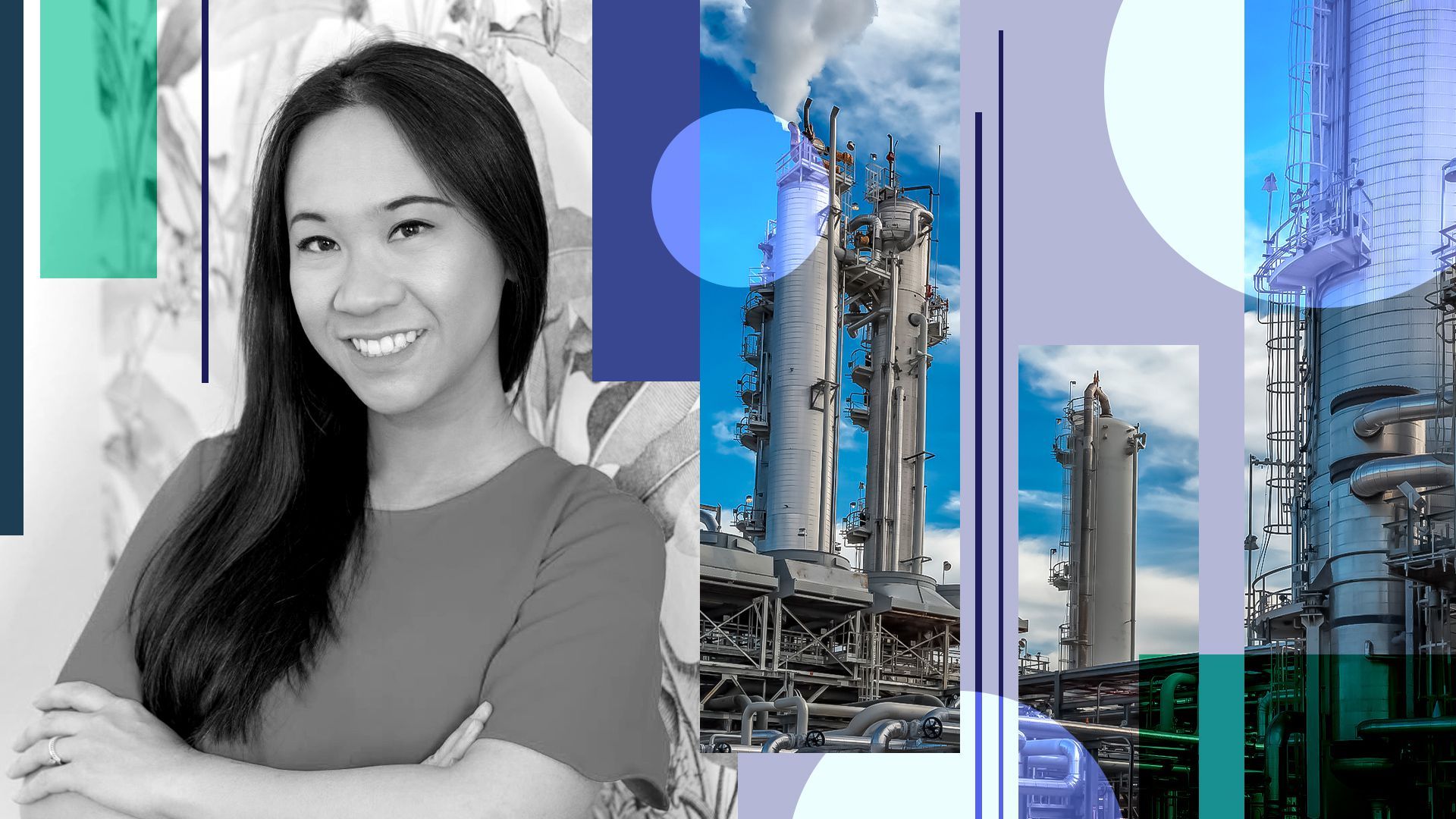 Photo illustration of Janice Tran, CEO of Kanin Energy, with images of a factory and abstract shapes.