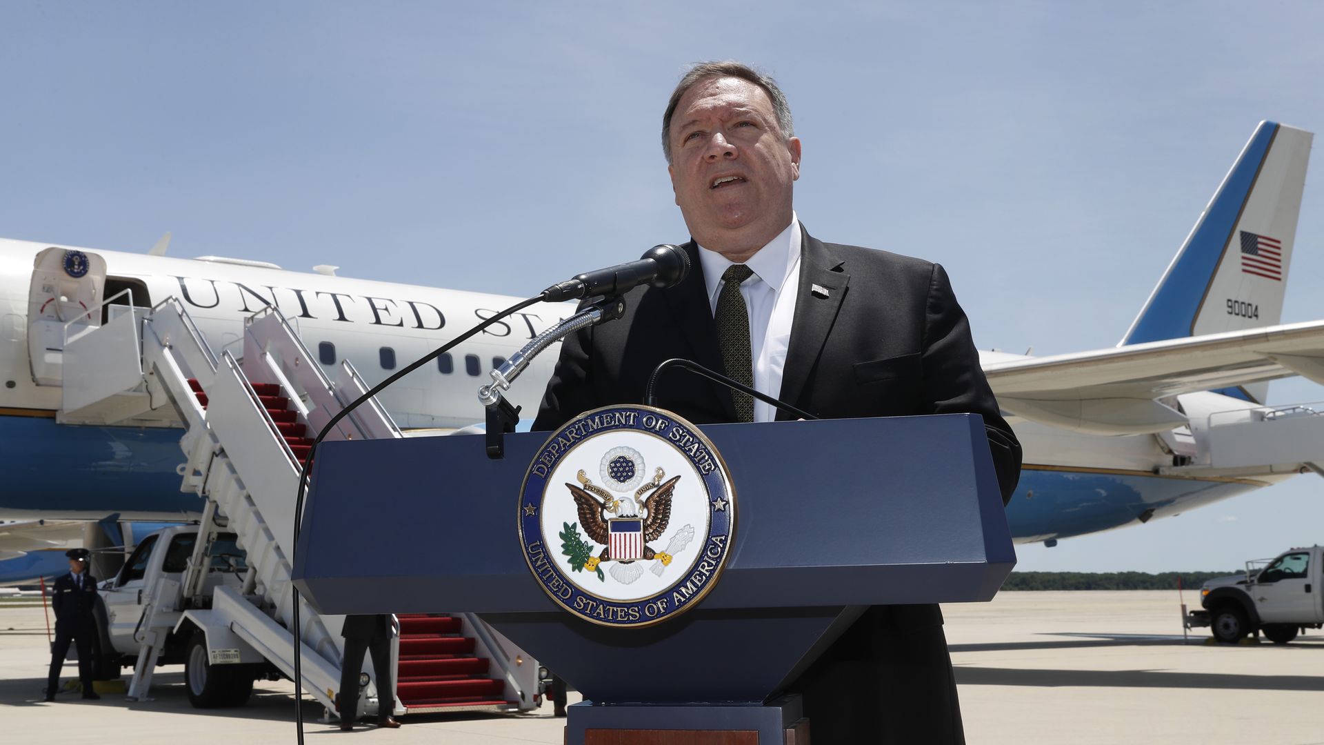  Secretary of State Mike Pompeo speaks to the media at Andrews Air Force Base, near Washington on June 23, 2019, before boarding a plane headed to Jeddah, Saudi Arabia.
