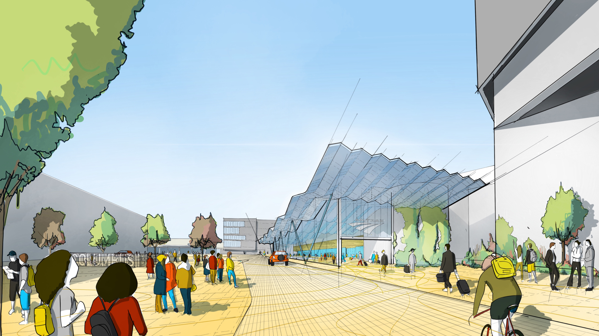 An architect's rendering of the entrance to a proposed Columbus Amtrak station, in color