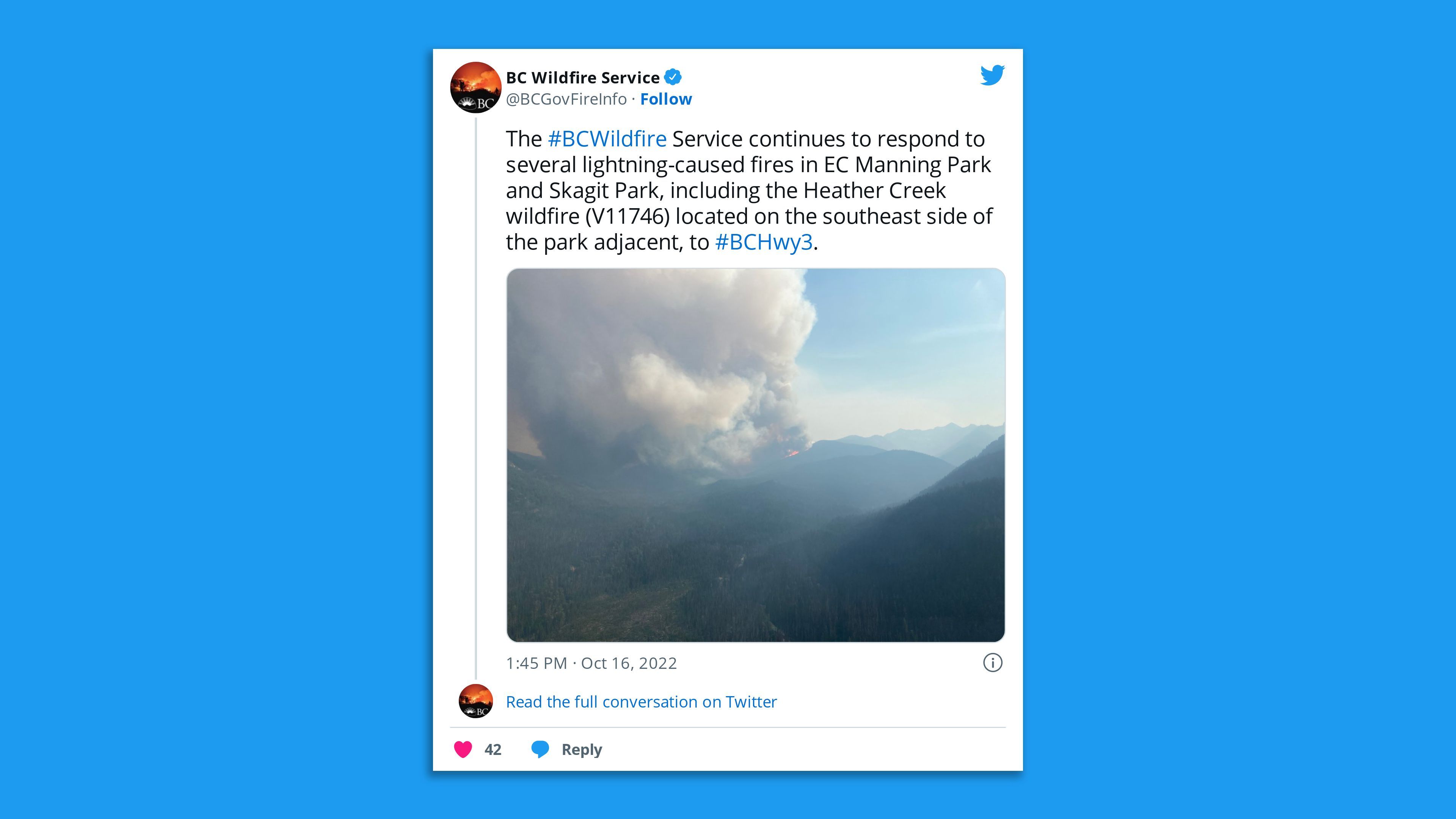 A Twitter post by Canada's BC Wildfire Service about firefighters responding to several lightening-caused fires.