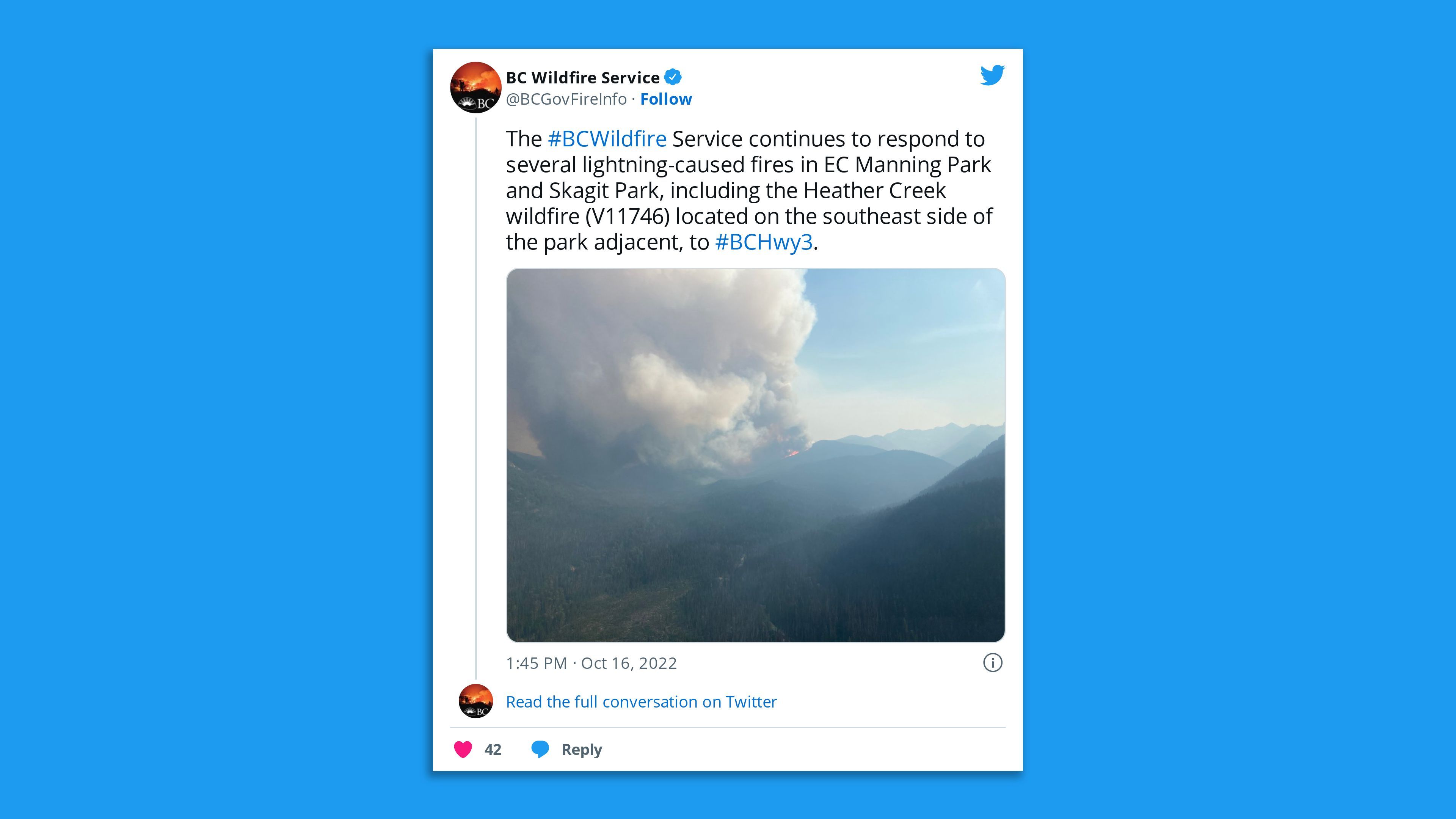 A Twitter station  by Canada's BC Wildfire Service astir  firefighters responding to respective  lightening-caused fires.