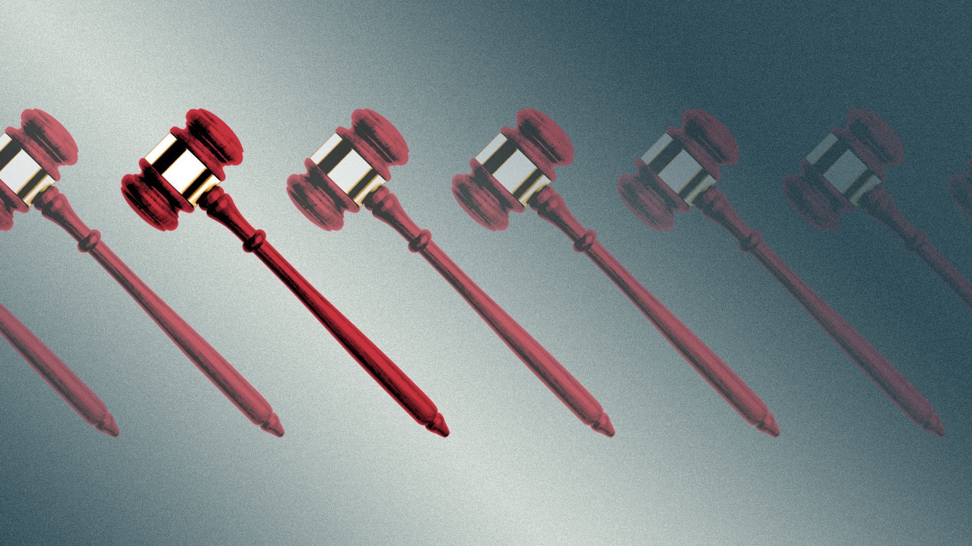 Illustration of a row of gavels, with all but one of them transparent.
