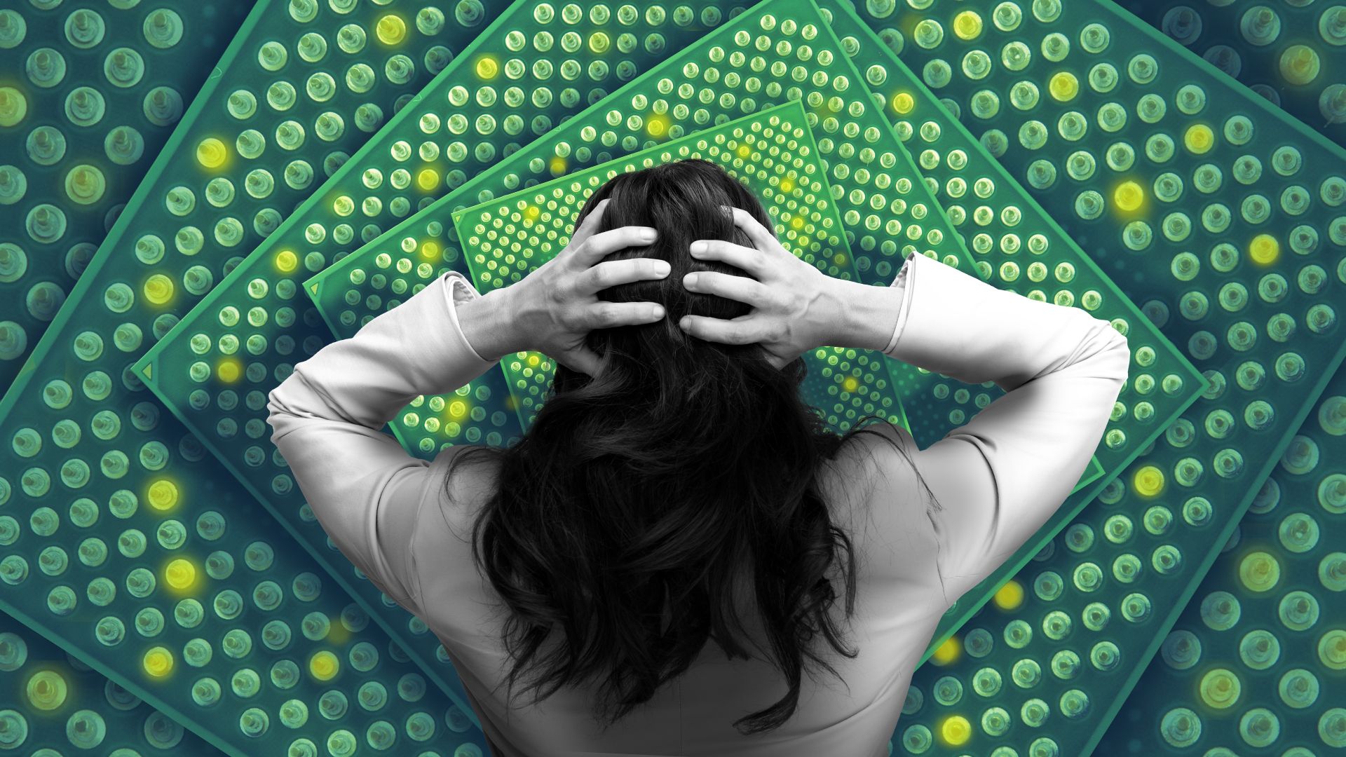 Illustration of a woman with her hands on her head facing a series of computer chips spiraling in front of her