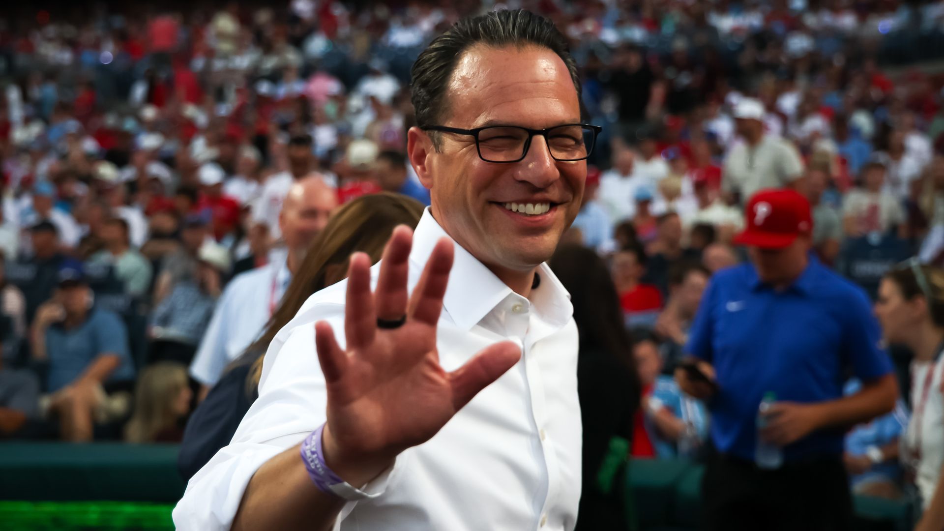 Gov. Josh Shapiro waves during the 2026 Home Run Derby at Citizens Bank Park.