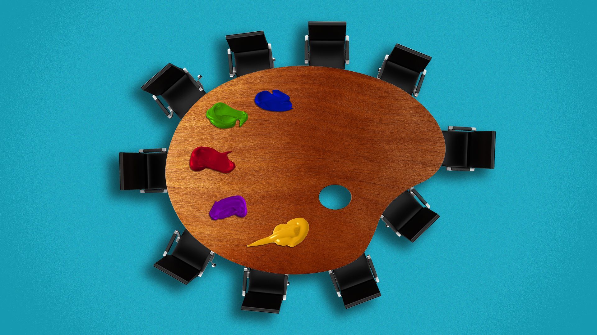 Illustration of a conference table in the shape of a paint palette, surrounded by chairs.