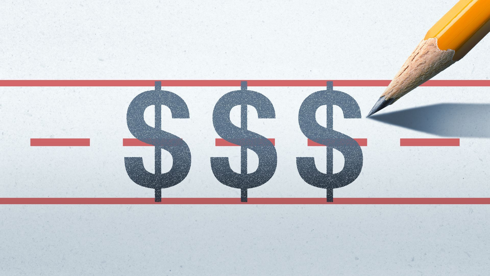 Illustration of three dollar symbols on a piece of lined paper with a pencil.