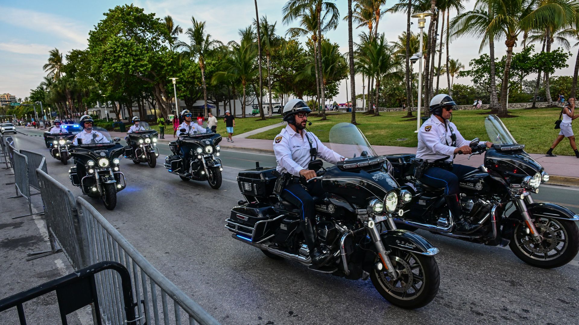 Miami Beach police patrol the streets in the Ocean Drive area in Miami Beach, Florida, during spring break weekend, March 23, 2025. (Photo by GIORGIO VIERA / AFP) (Photo by GIORGIO VIERA/AFP via Getty Images)
