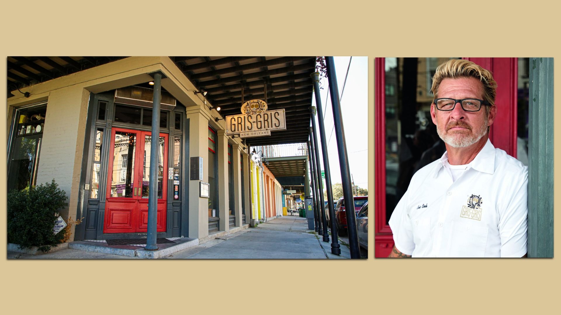 Two-panel image: left a New Orleans street with a beige storefront, red door, and Gris-Gris sign; right a bearded man with glasses in a white shirt leaning against a red wall.