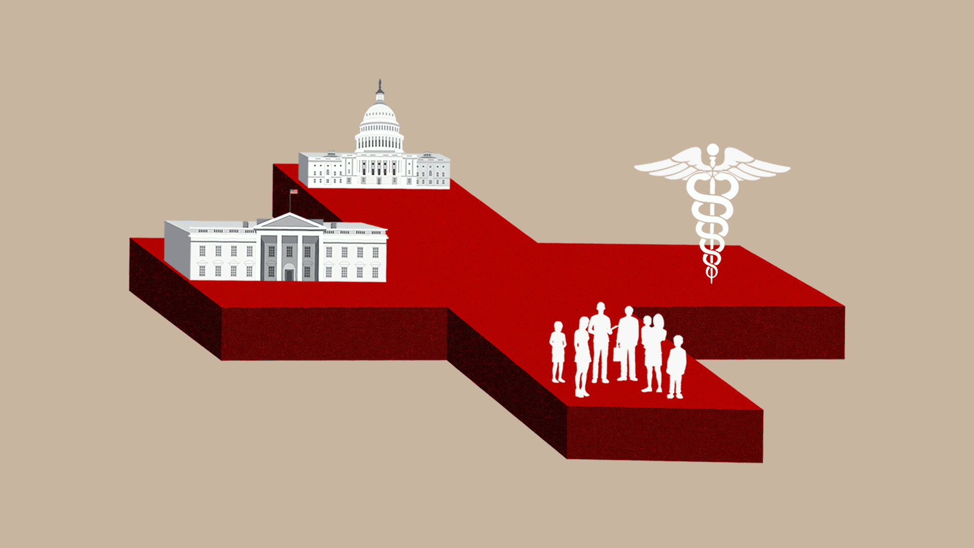 A red cross balancing the White House, Capital Building, a caduceus, and a group of people