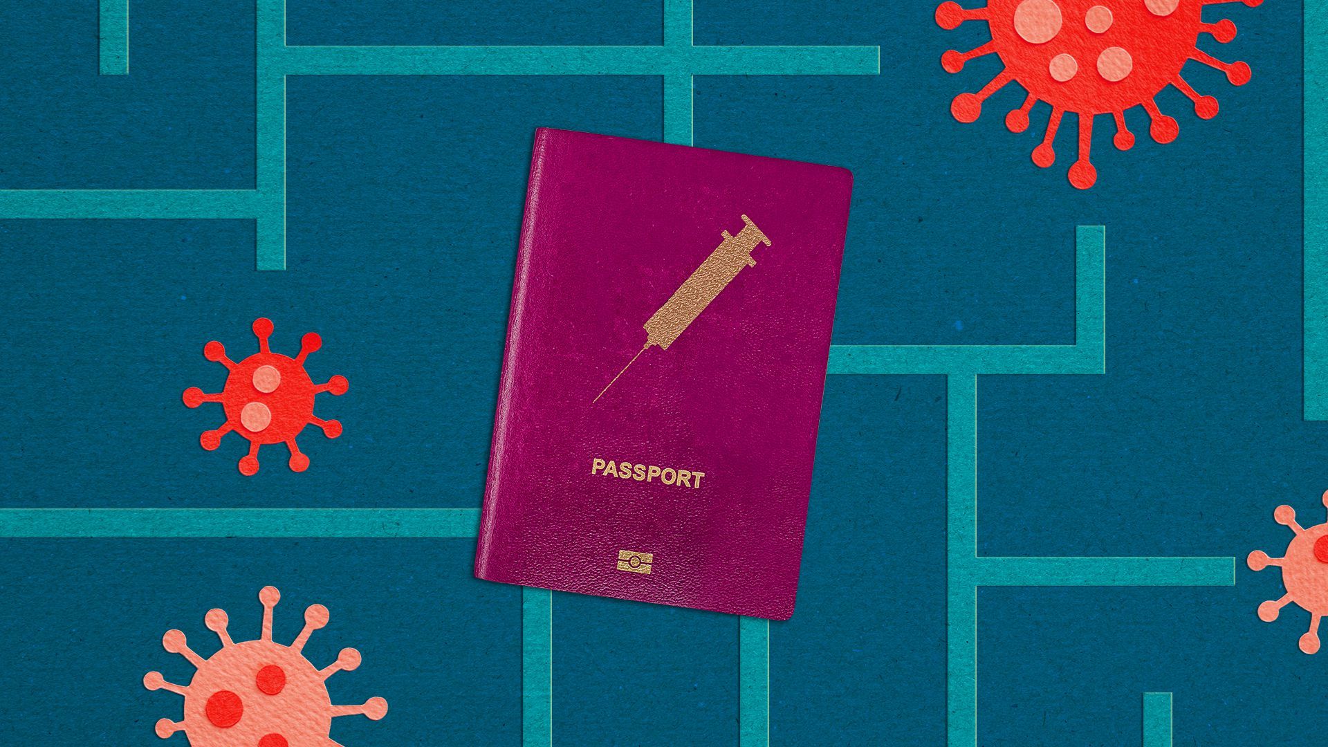 Illustration of a maze with a vaccine passport at the center and coronavirus cells creating many dead ends.