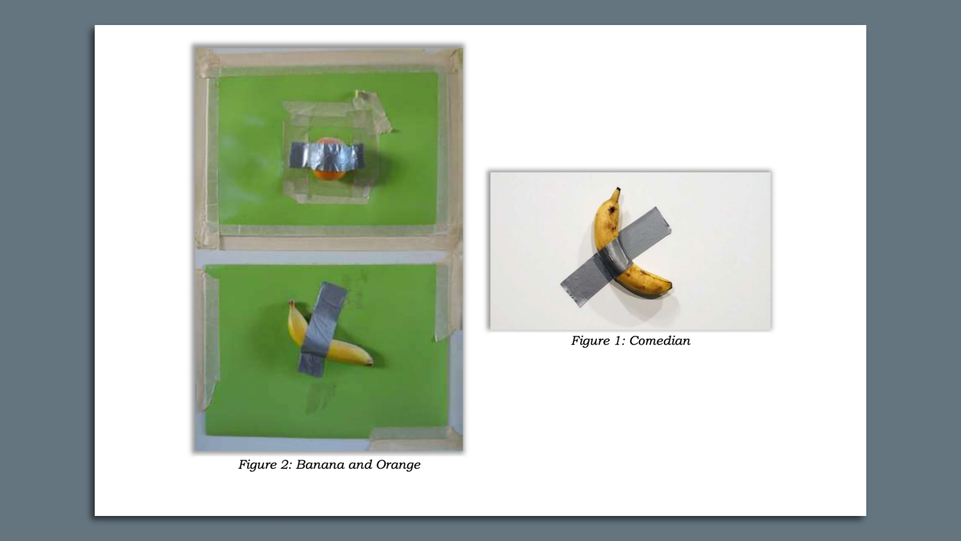 Two similar works show bananas taped to backgrounds