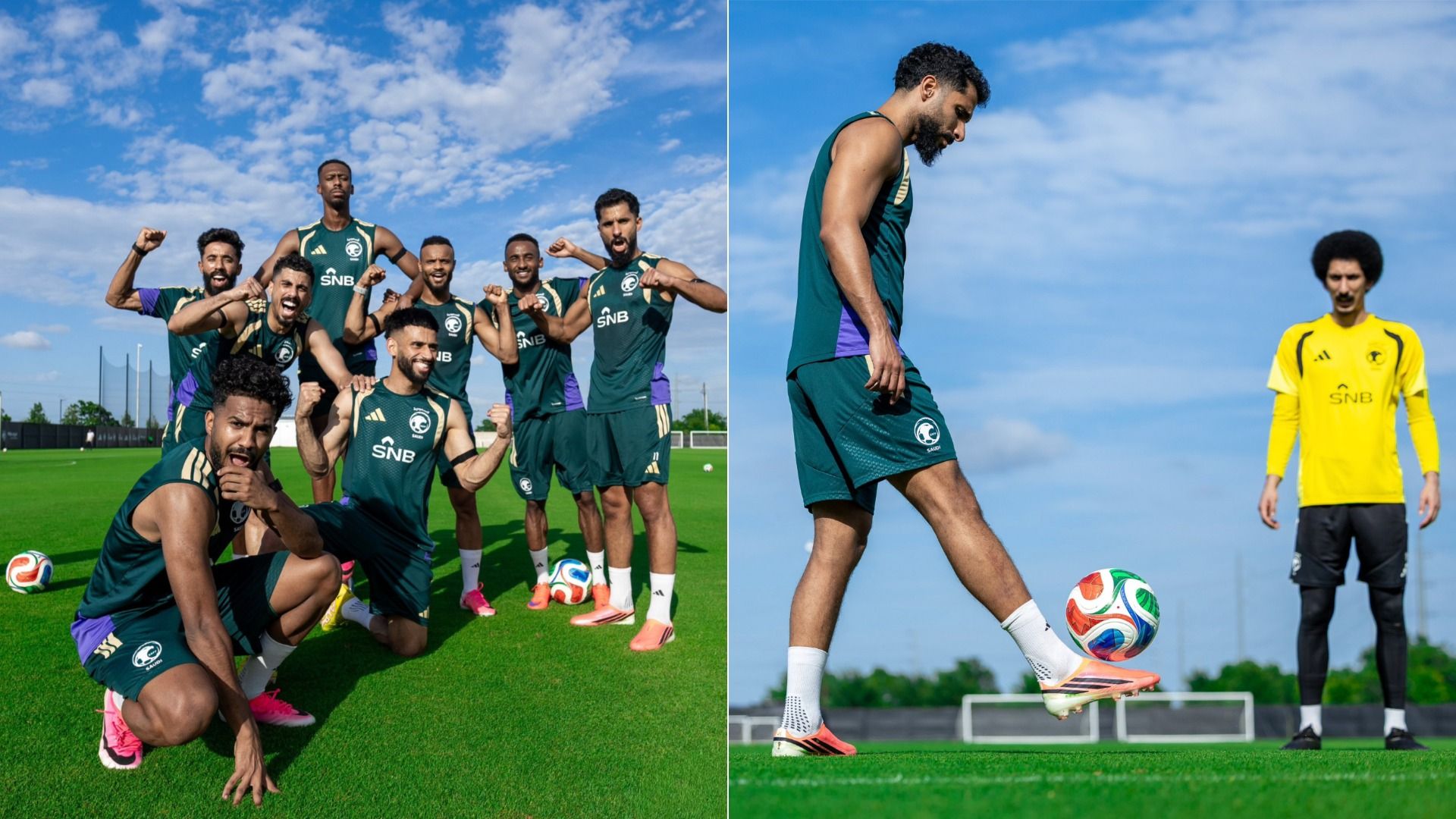 A split image: left shows a group of soccer players in green uniforms posing on a sunny field; right shows a green-kit player kicking a ball with a yellow-clad goalkeeper in the distance.