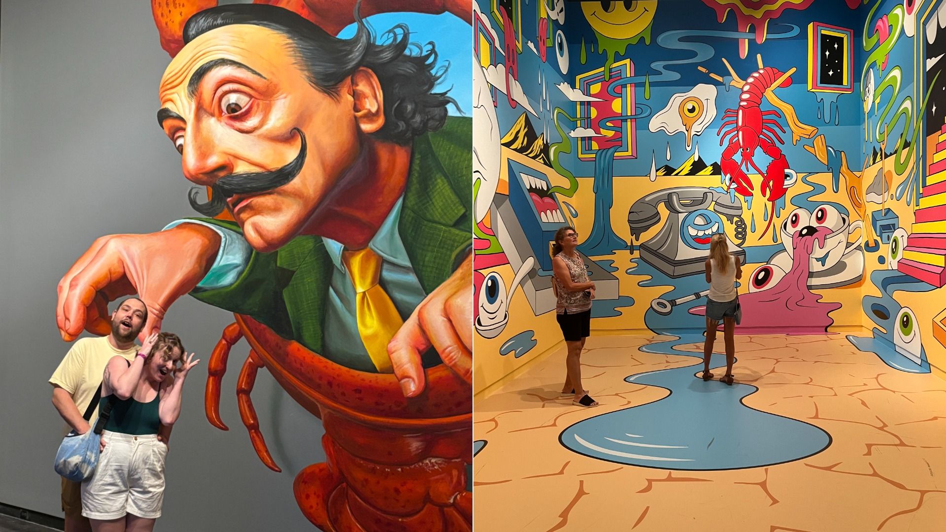 Two photos side by side: left shows two people posing with a large, colorful painting of a man with a big mustache and lobster claws; right shows two people in a vibrant, surreal room with cartoonish eyes, phones, and a red lobster.