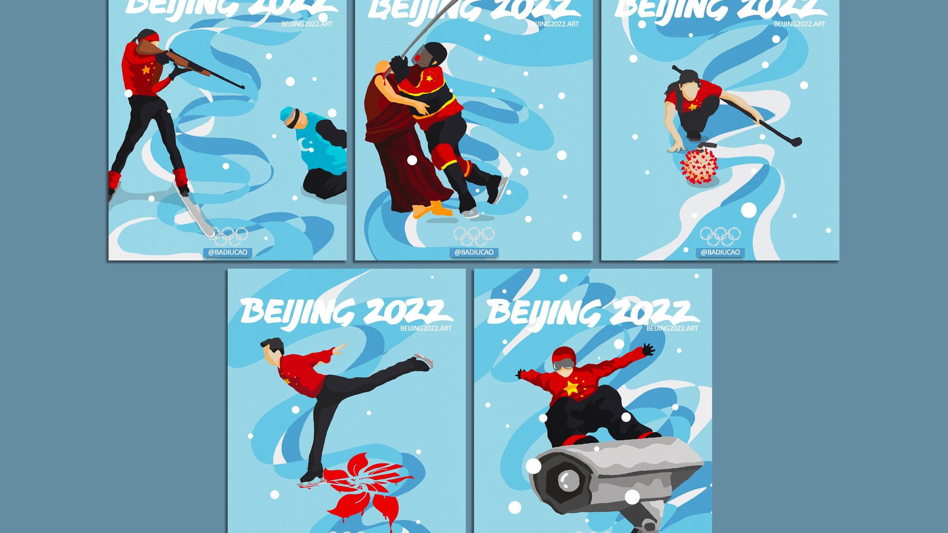 Five posters by Badiucao protesting the Beijing 2022 Olympics and the Chinese government's human rights record