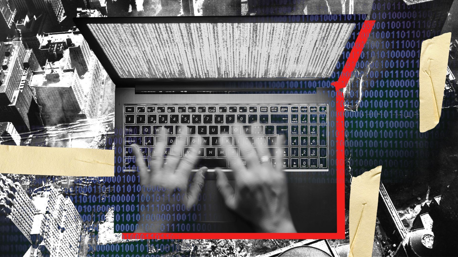 Photo illustration collage of hands typing on a laptop over an aerial scene of the World Trade Center after the September 11th attacks