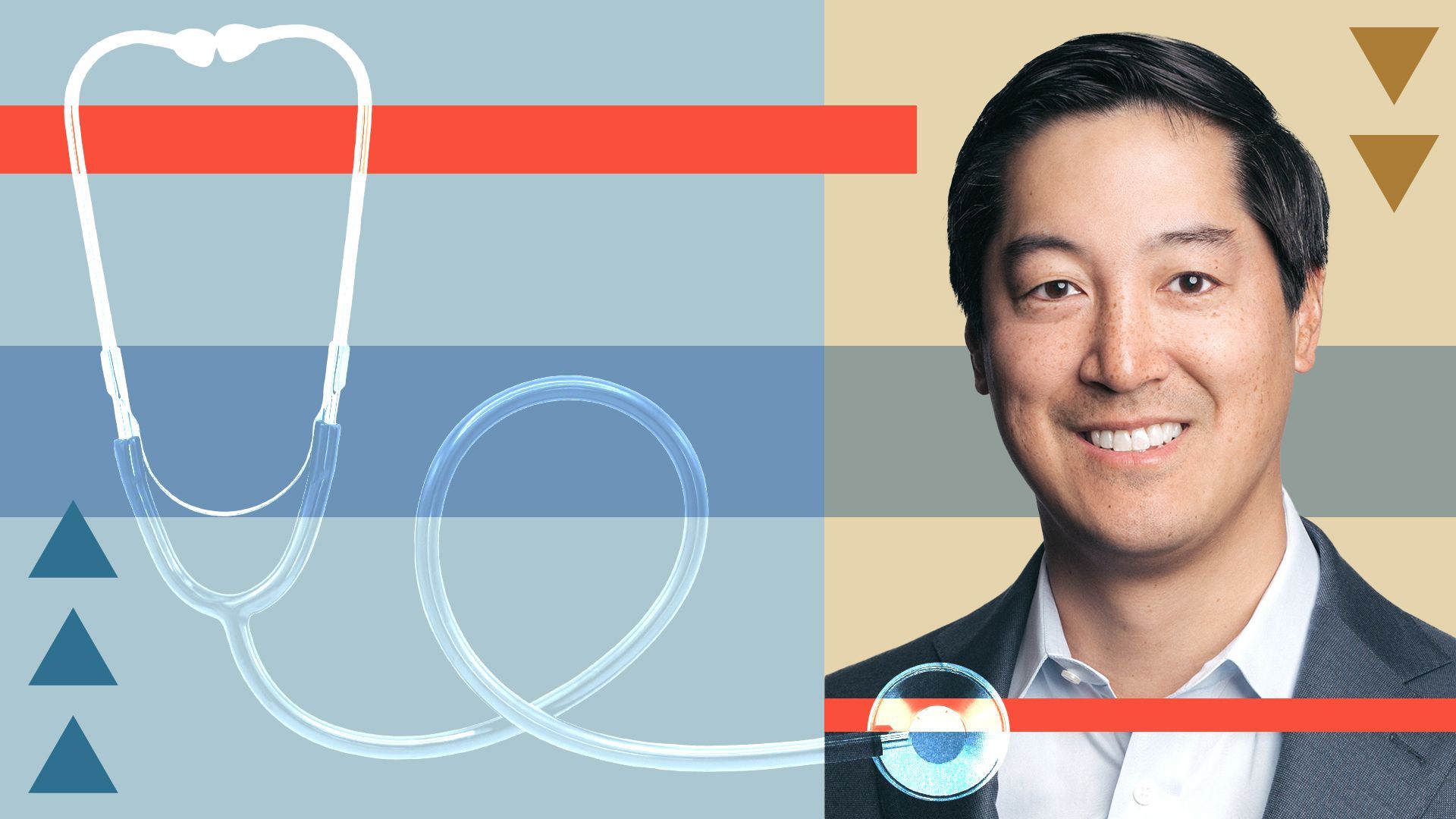 Photo illustration of Eric Liu, a stethoscope and abstract shapes.