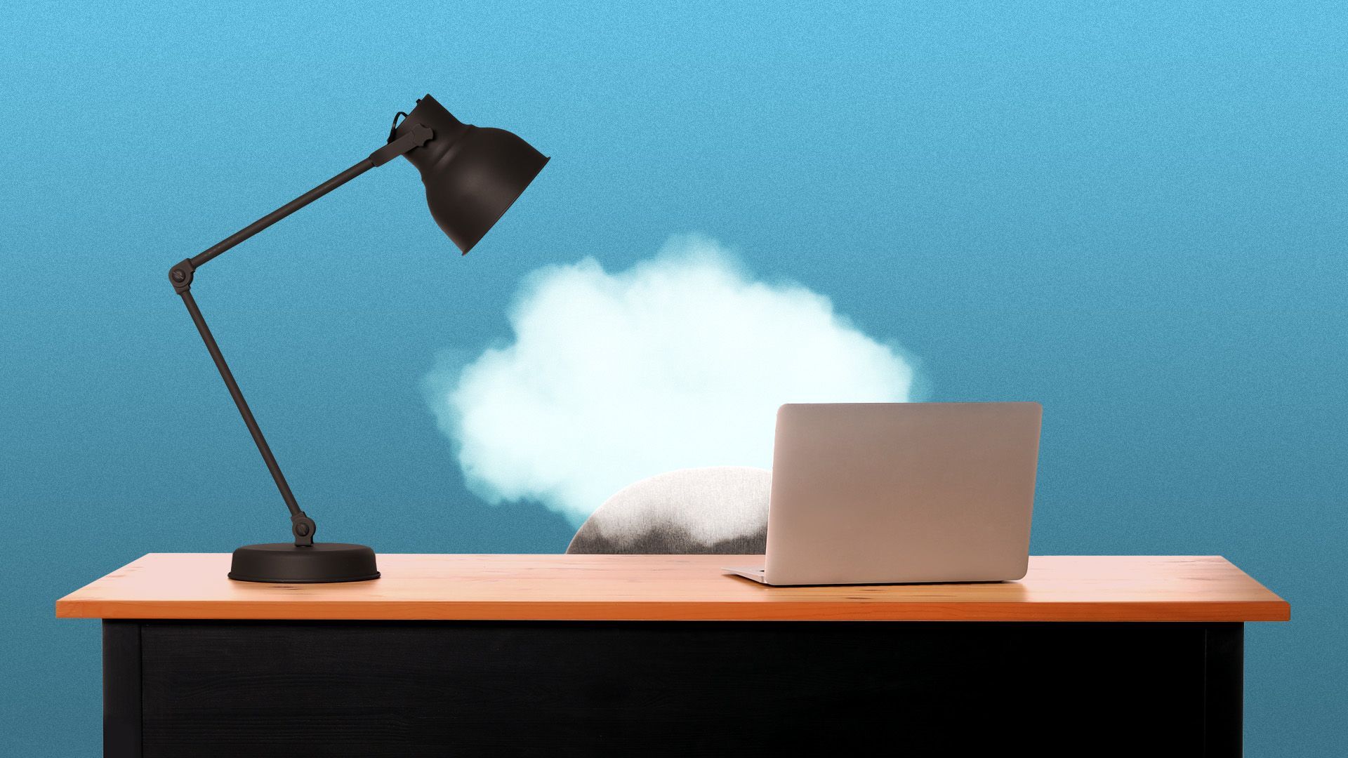 Illustration of a cloud sitting at an office desk