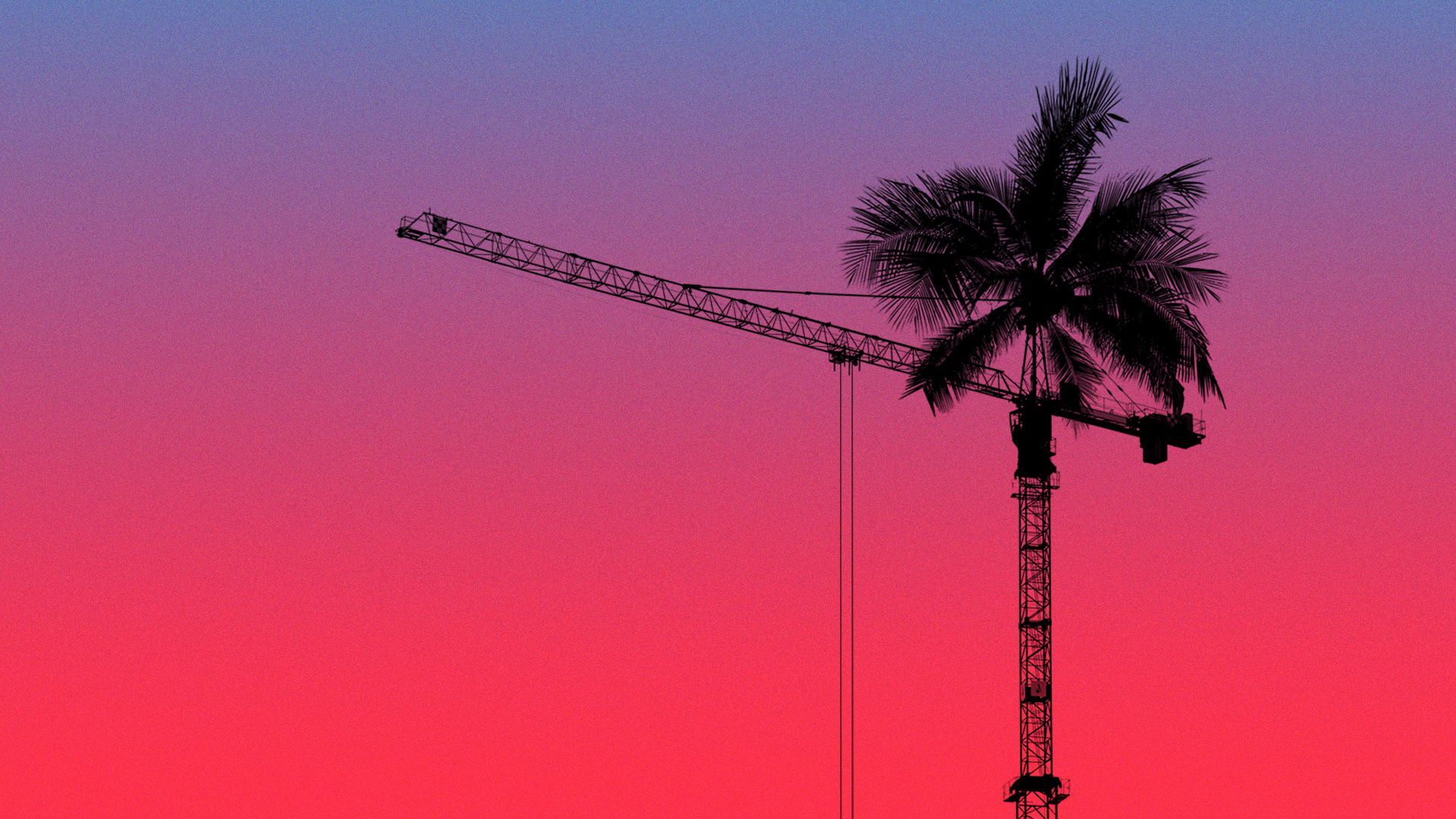 Illustration of a construction crane with palm tree leaves on top of it.