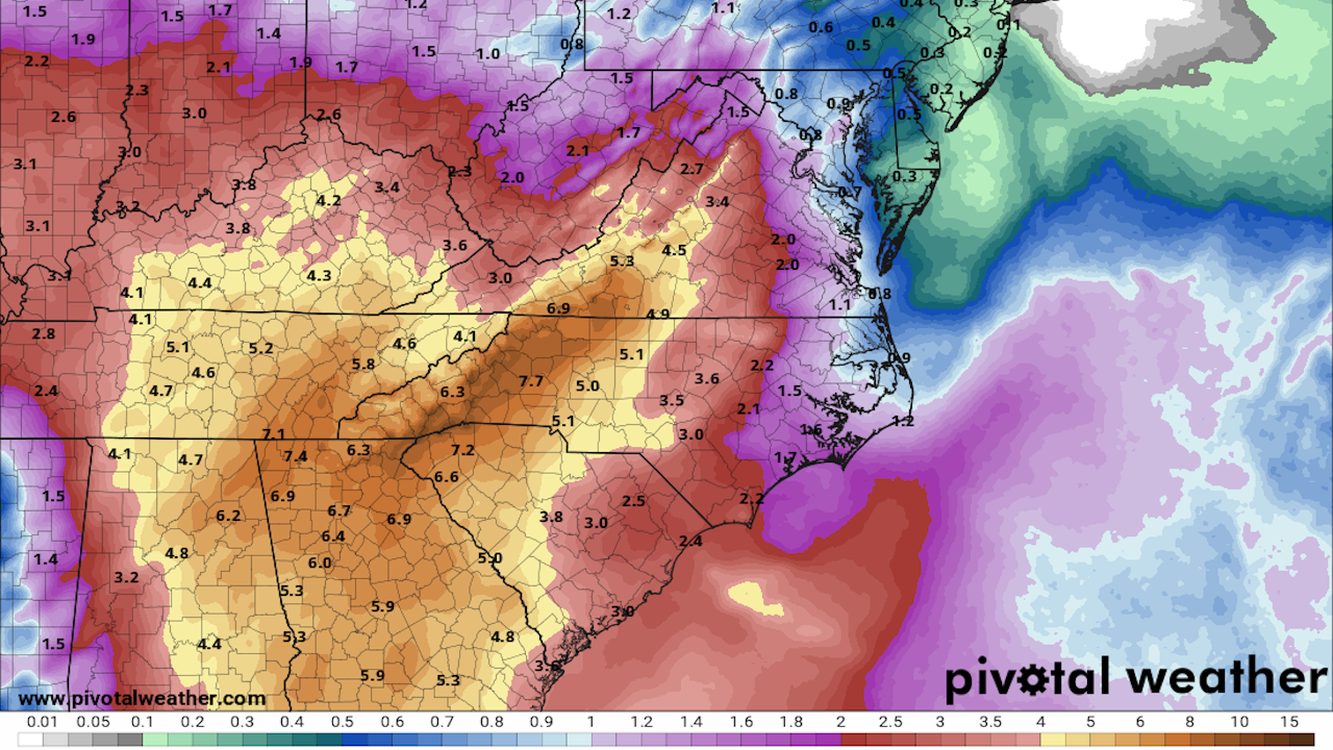 7-day rainfall forecast through Sunday, Sept. 29. Image: Pivotal Weather