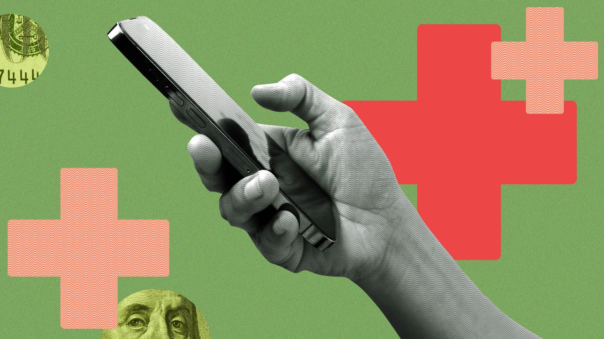 an illustration of a hand holding a cell phone surrounded by health pluses and cutouts of money 