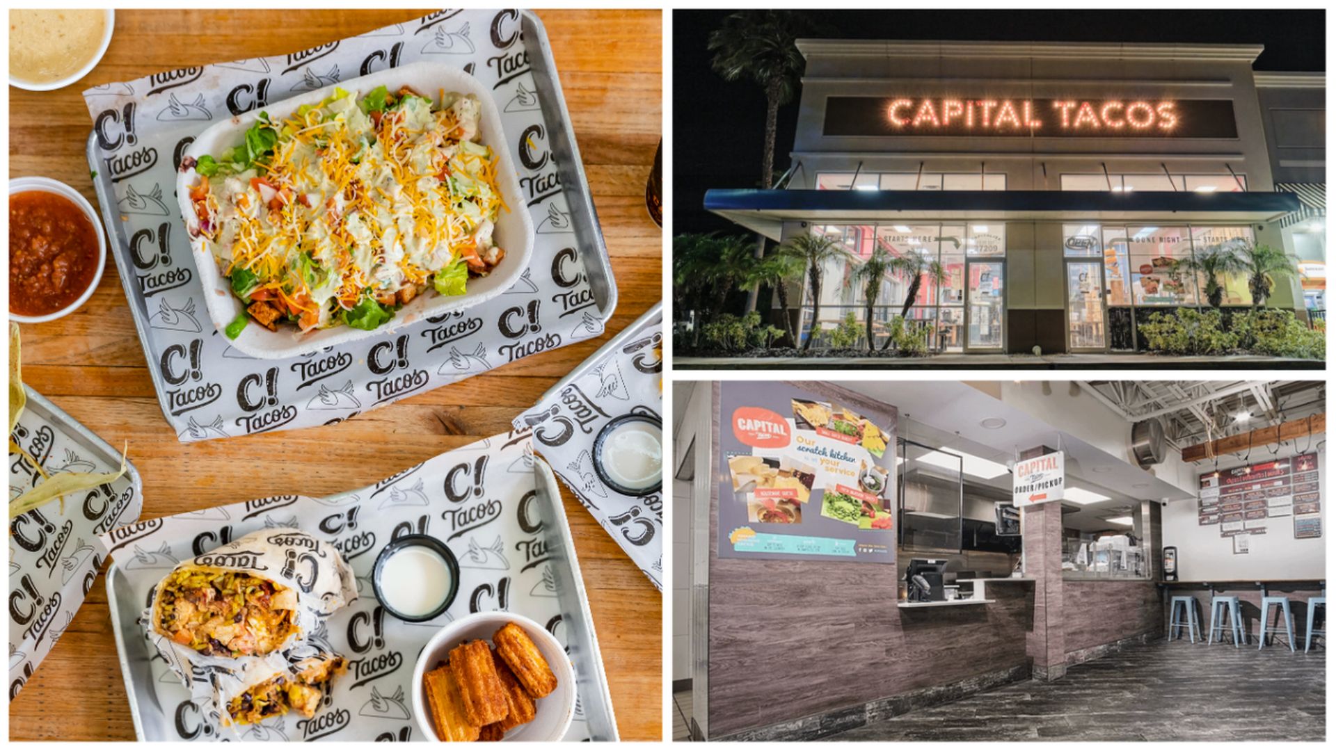 Photos of tacos, a storefront, and the interior of a restaurant.
