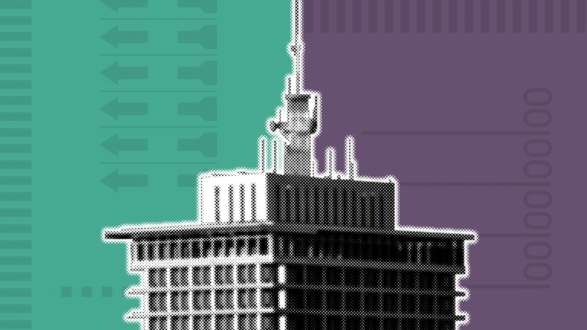 Illustration of Richmond City Hall over a divided green and purple background with elements of ballots.