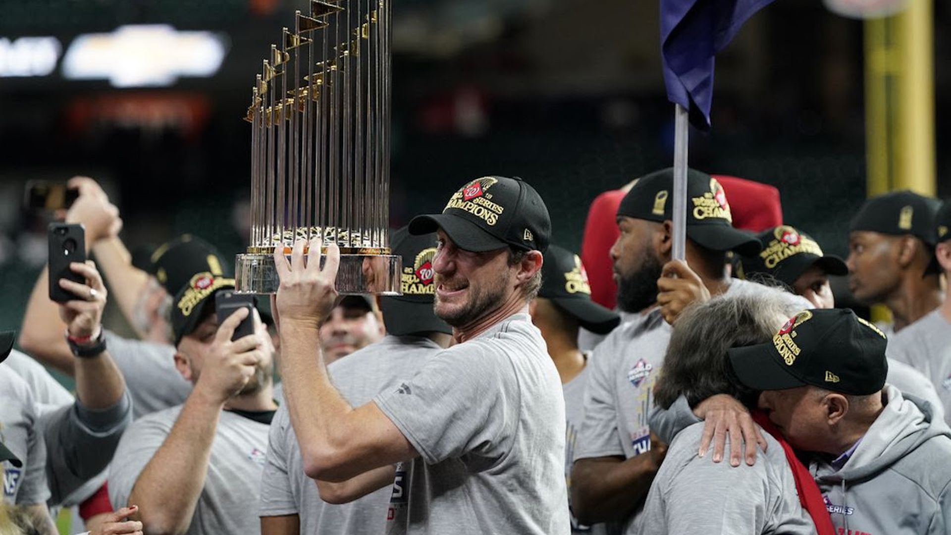 Washington Nationals starting pitcher Max Scherzer celebrates 