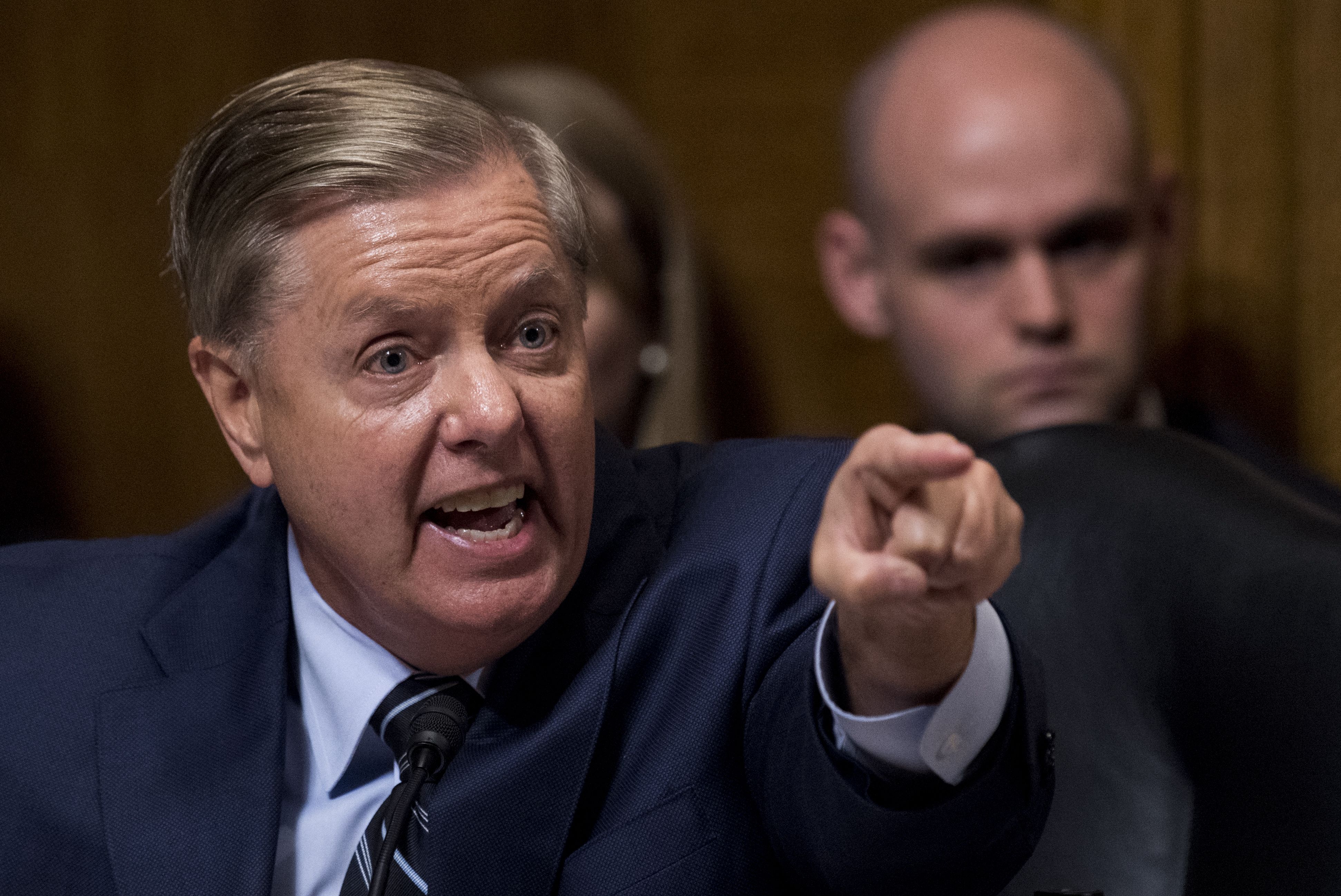 Sen. Lindsey Graham, R-S.C., points at the Democrats as he defends Brett Kavanaugh. Photo: Tom Williams-Pool/Getty Images