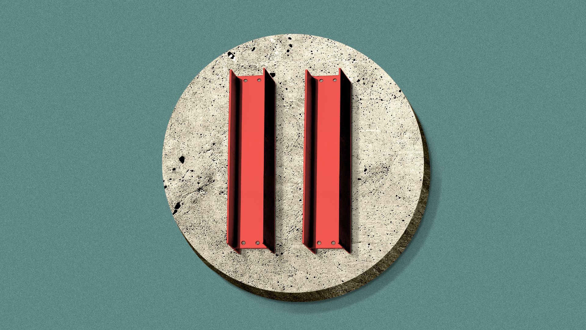 Illustration of a pause button made out of a concrete circle and two steel girders.