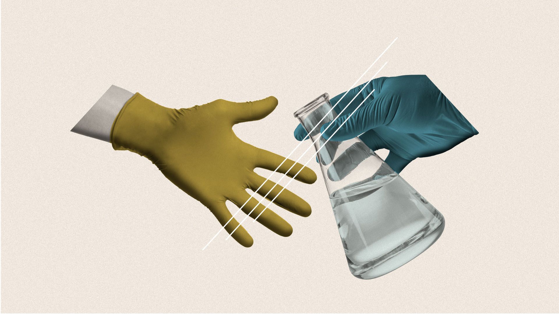 Illustration of a hand in a medical glove passing a beaker to another hand in a glove with lines through them both